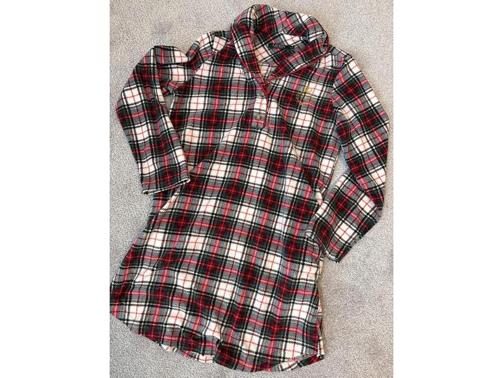 Ralph Lauren Plaid Fleece Sleep Dress with Embroidered Crest
